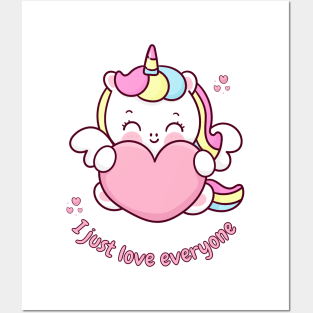 I just Love Everyone Cute Unicorn With Heart Posters and Art